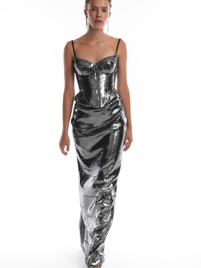 Silver Sequin Strapless Gown H7095
