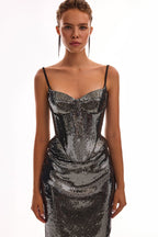 Silver Sequin Strapless Gown H7095