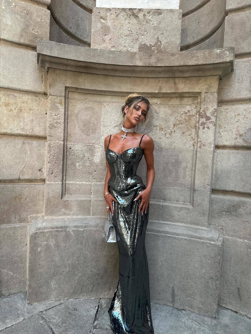 Silver Sequin Strapless Gown H7095