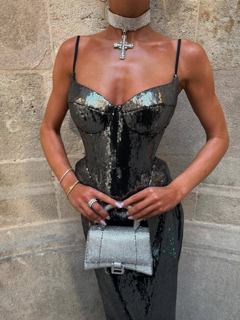 Silver Sequin Strapless Gown H7095