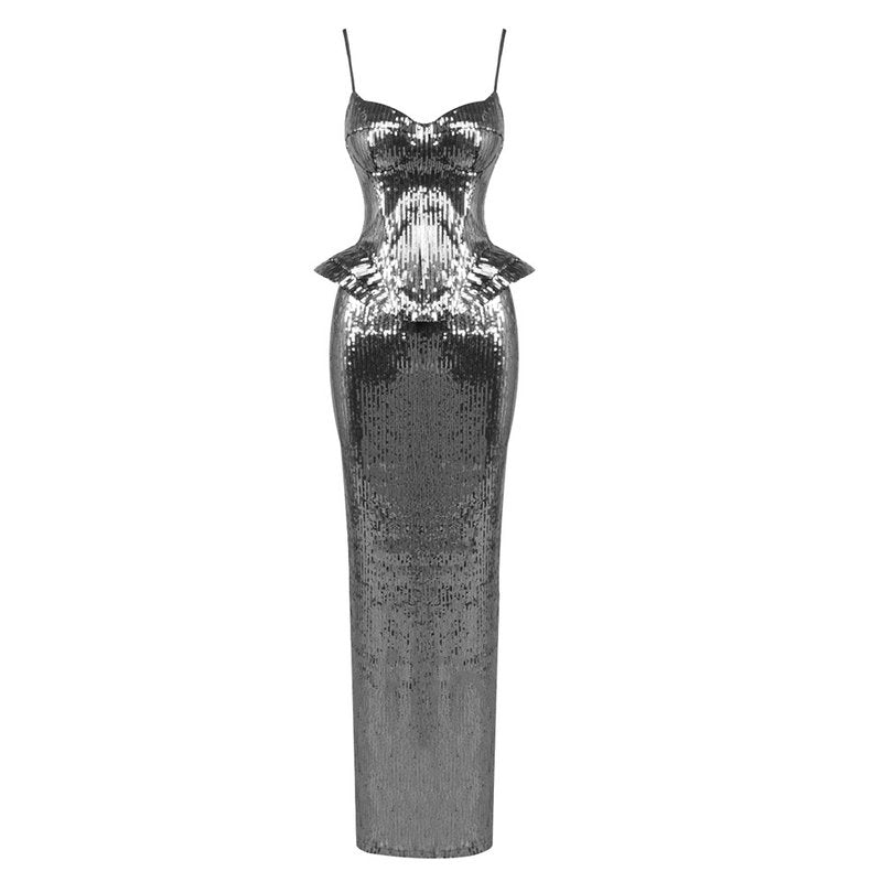 Silver Sequin Strapless Gown H7095