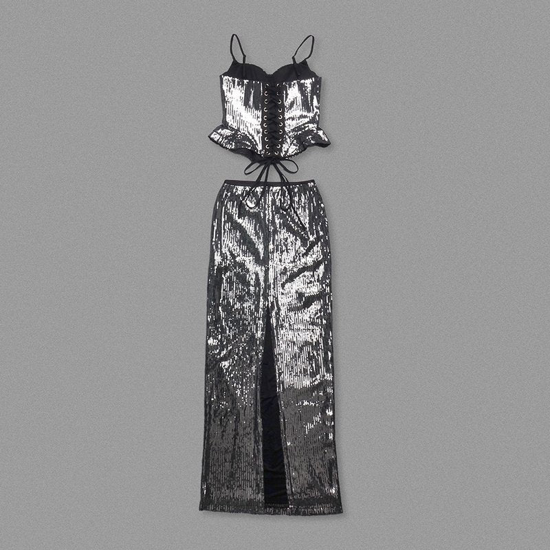 Silver Sequin Strapless Gown H7095