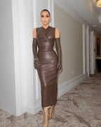 Sleek Brown Leather Sleeveless Dress H4567