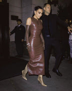 Sleek Brown Leather Sleeveless Dress H4567
