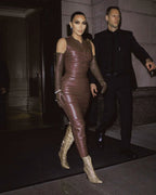 Sleek Brown Leather Sleeveless Dress H4567
