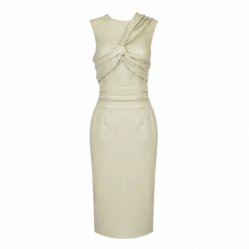 Sleek Brown Leather Sleeveless Dress H4567