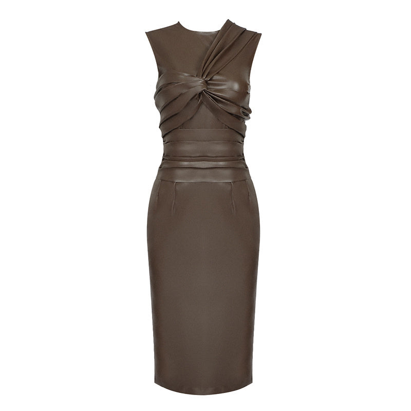 Sleek Brown Leather Sleeveless Dress H4567