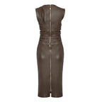 Sleek Brown Leather Sleeveless Dress H4567