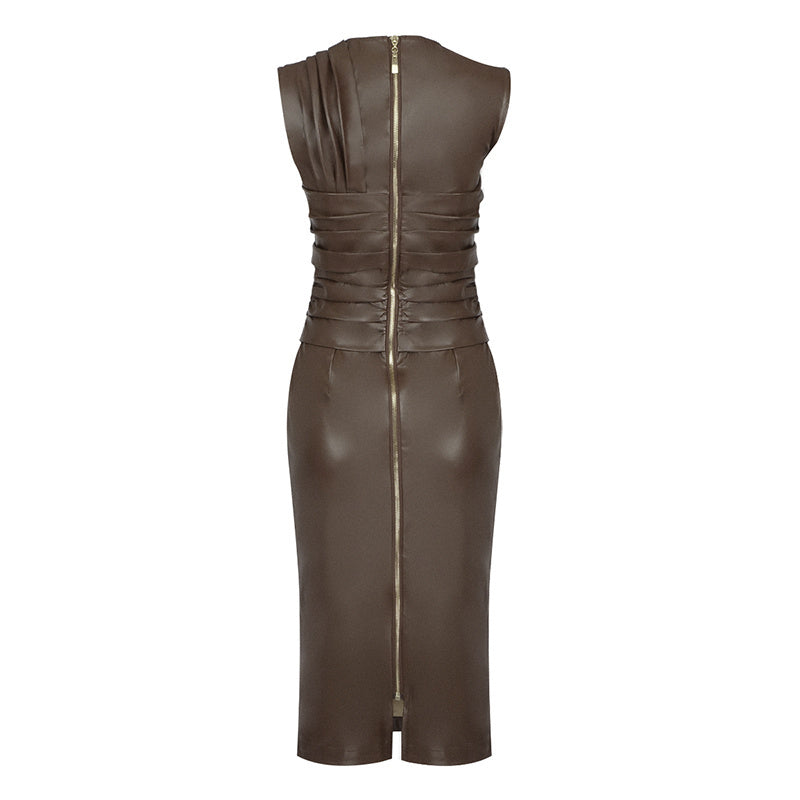 Sleek Brown Leather Sleeveless Dress H4567