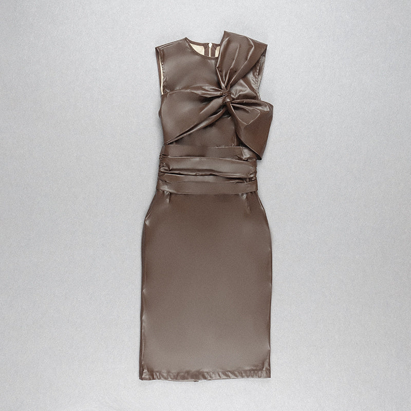 Sleek Brown Leather Sleeveless Dress H4567
