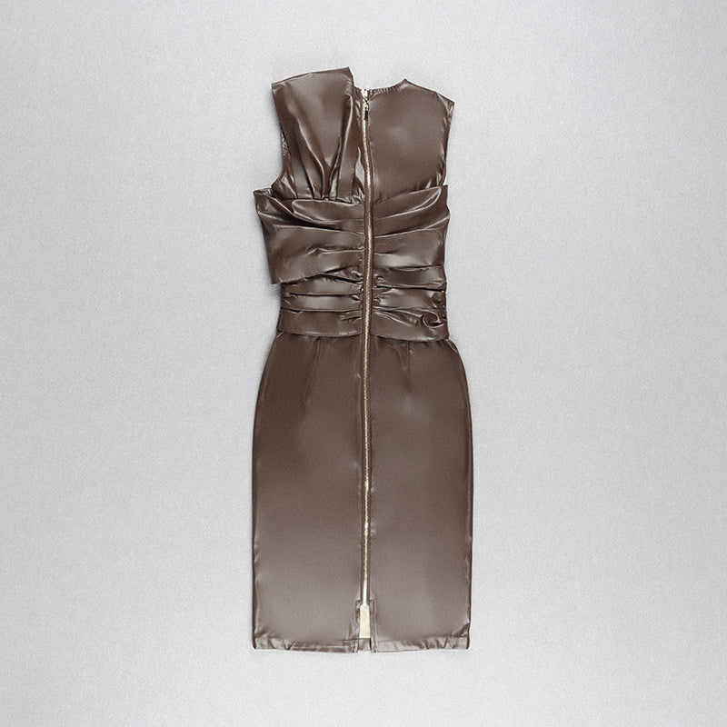 Sleek Brown Leather Sleeveless Dress H4567