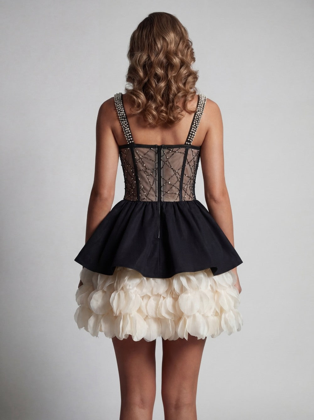Sleeveless Beaded Corset Peplum Tiered Ruffle Mini Dress D26021