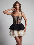 Sleeveless Beaded Corset Peplum Tiered Ruffle Mini Dress D26021
