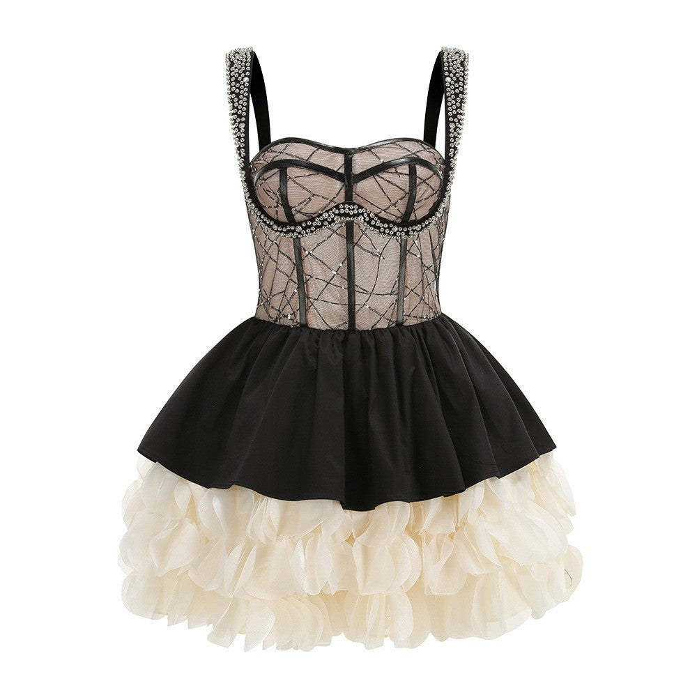 Sleeveless Beaded Corset Peplum Tiered Ruffle Mini Dress D26021