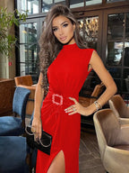 Sleeveless Feather Trim Satin Midi Dress H4805