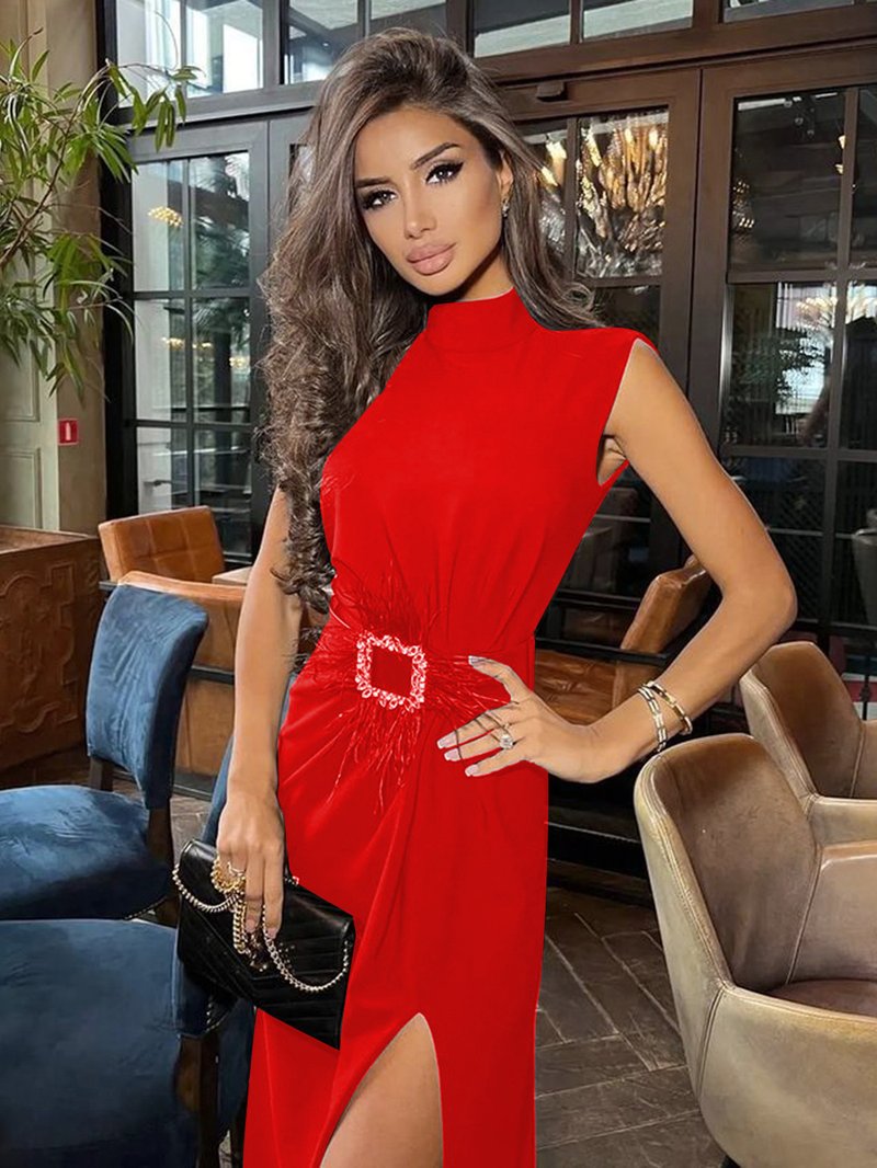 Sleeveless Feather Trim Satin Midi Dress H4805