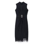 Sleeveless Feather Trim Satin Midi Dress H4805