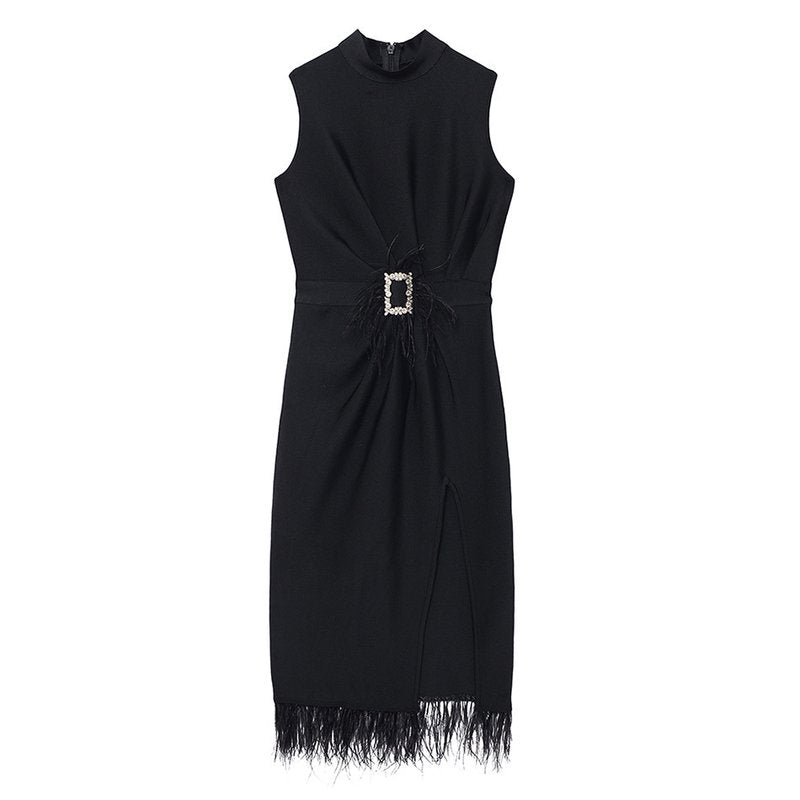 Sleeveless Feather Trim Satin Midi Dress H4805