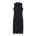 Sleeveless Feather Trim Satin Midi Dress H4805