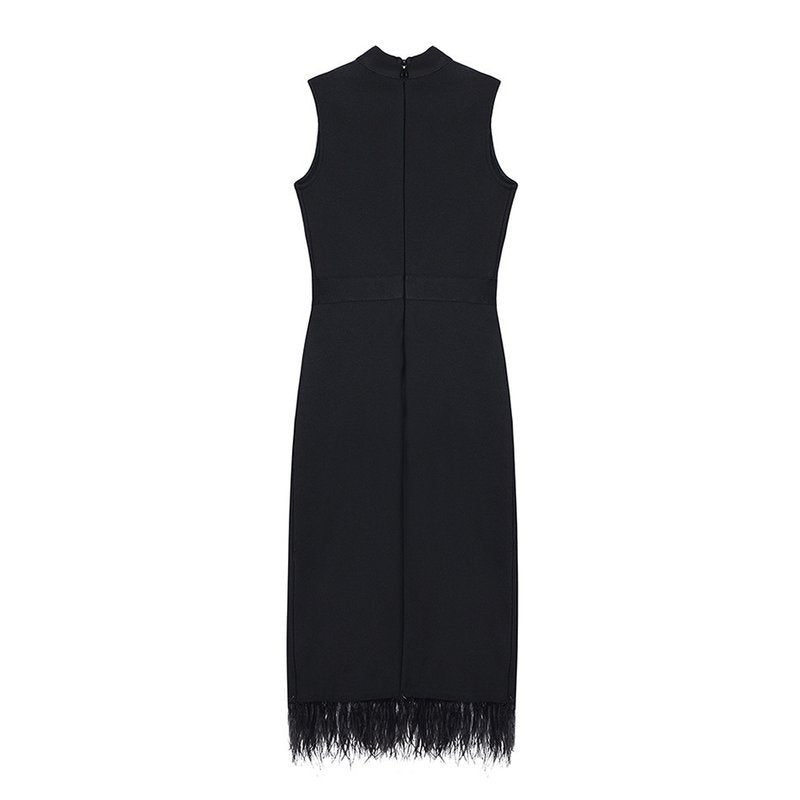 Sleeveless Feather Trim Satin Midi Dress H4805