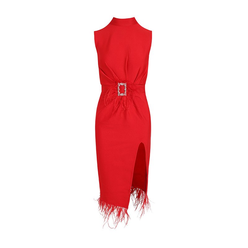 Sleeveless Feather Trim Satin Midi Dress H4805