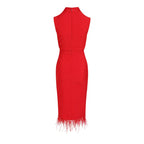 Sleeveless Feather Trim Satin Midi Dress H4805