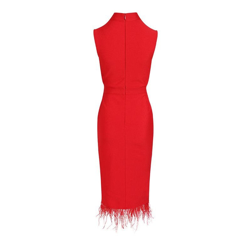 Sleeveless Feather Trim Satin Midi Dress H4805