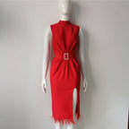 Sleeveless Feather Trim Satin Midi Dress H4805