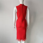 Sleeveless Feather Trim Satin Midi Dress H4805