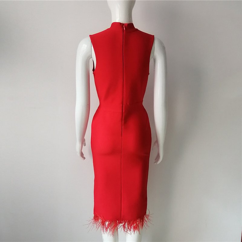 Sleeveless Feather Trim Satin Midi Dress H4805
