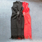 Sleeveless Feather Trim Satin Midi Dress H4805