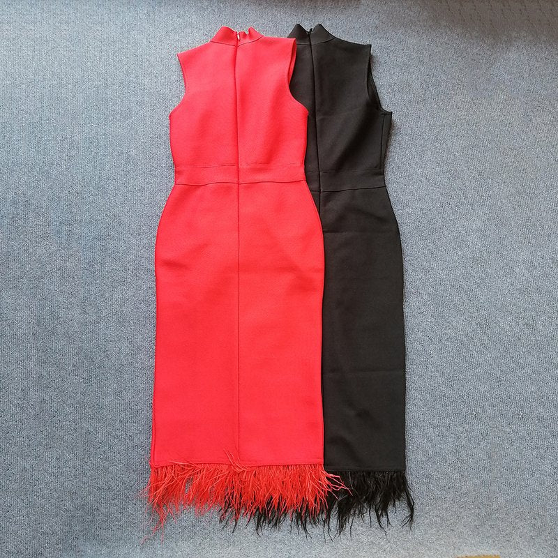Sleeveless Feather Trim Satin Midi Dress H4805
