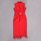 Sleeveless Feather Trim Satin Midi Dress H4805