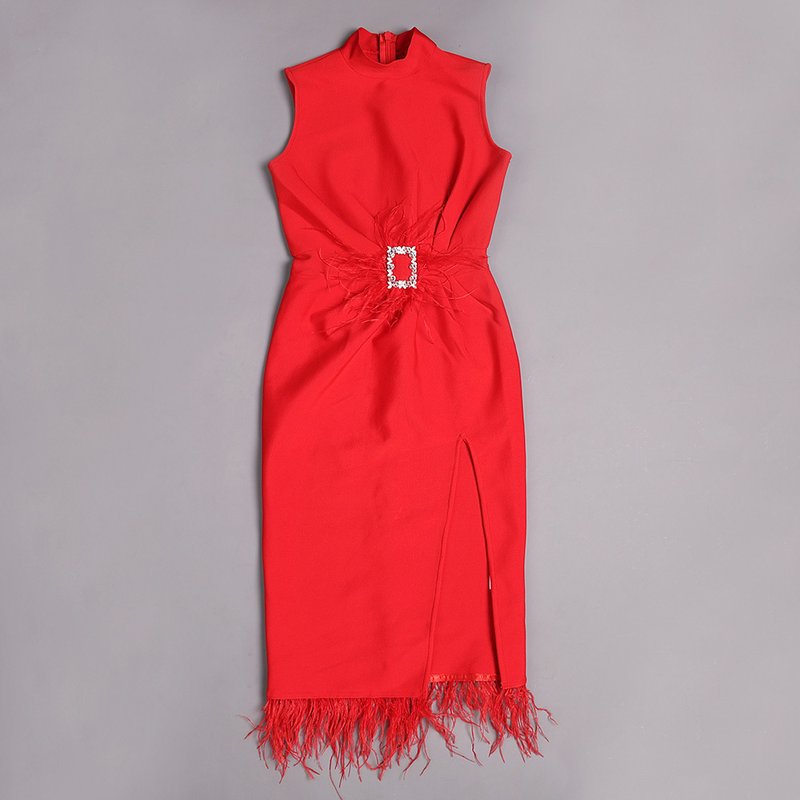 Sleeveless Feather Trim Satin Midi Dress H4805