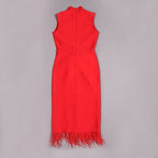 Sleeveless Feather Trim Satin Midi Dress H4805
