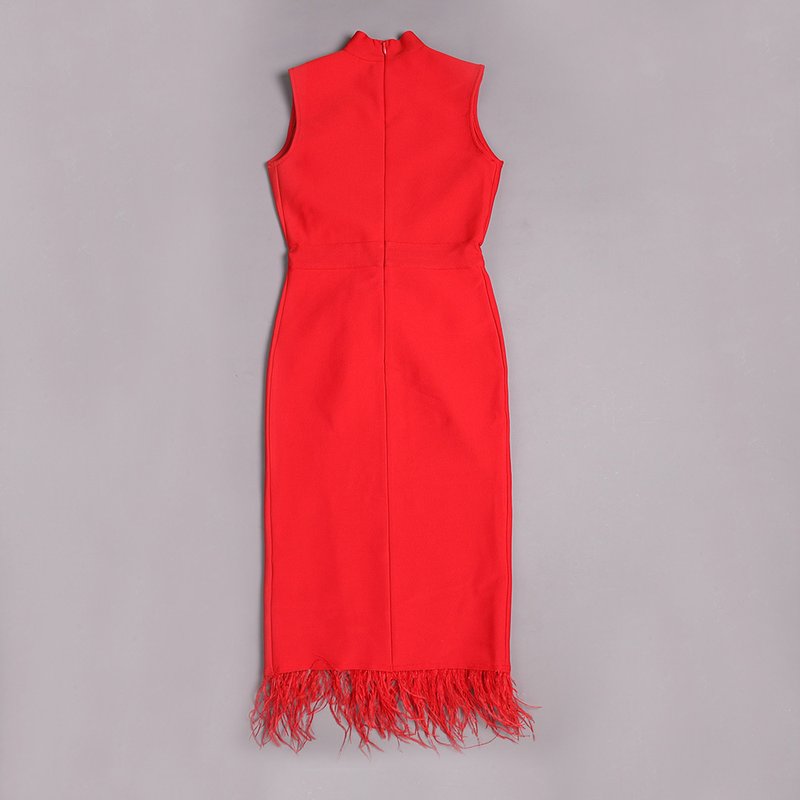Sleeveless Feather Trim Satin Midi Dress H4805