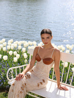 Spaghetti Strap Sleeveless 3D Floral Embroidery Mesh Gown D26014