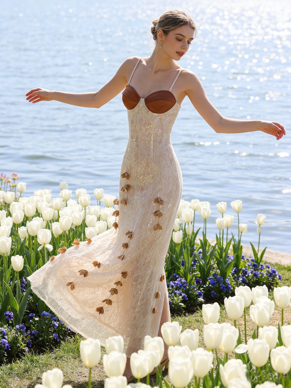 Spaghetti Strap Sleeveless 3D Floral Embroidery Mesh Gown D26014