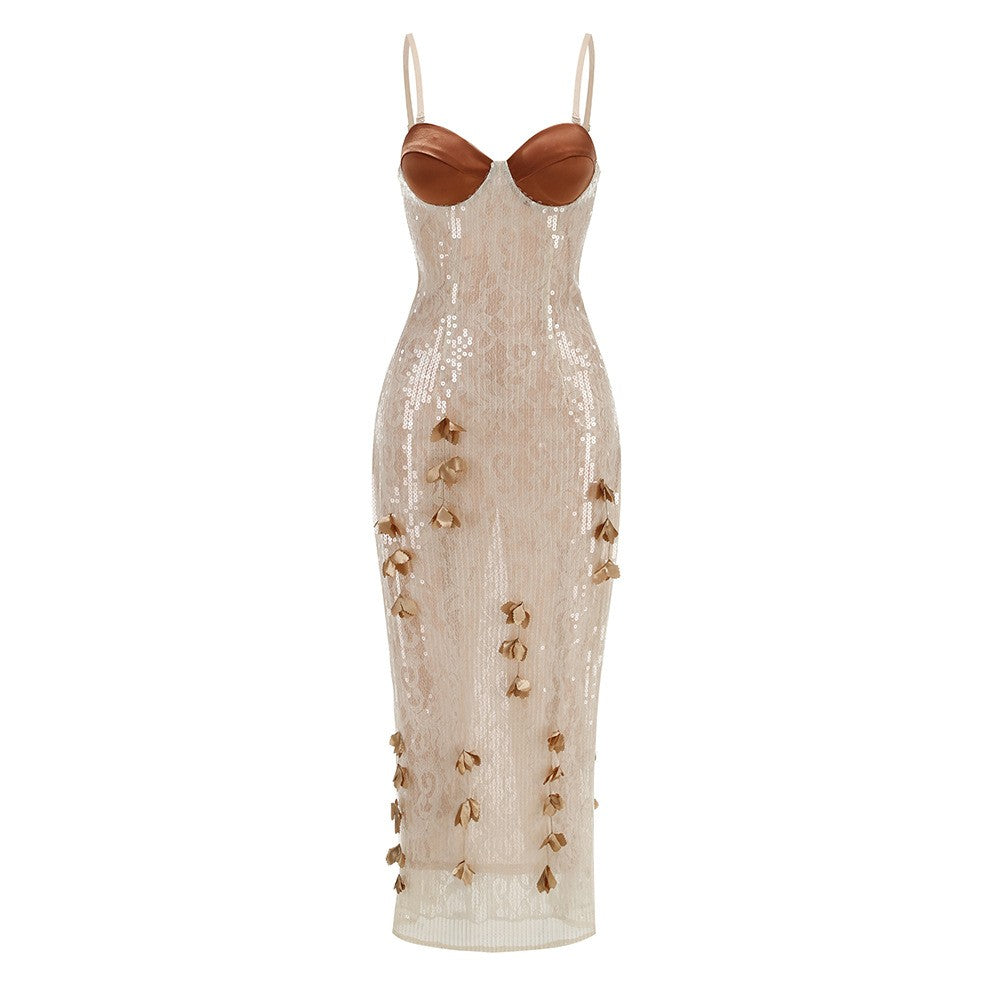 Spaghetti Strap Sleeveless 3D Floral Embroidery Mesh Gown D26014