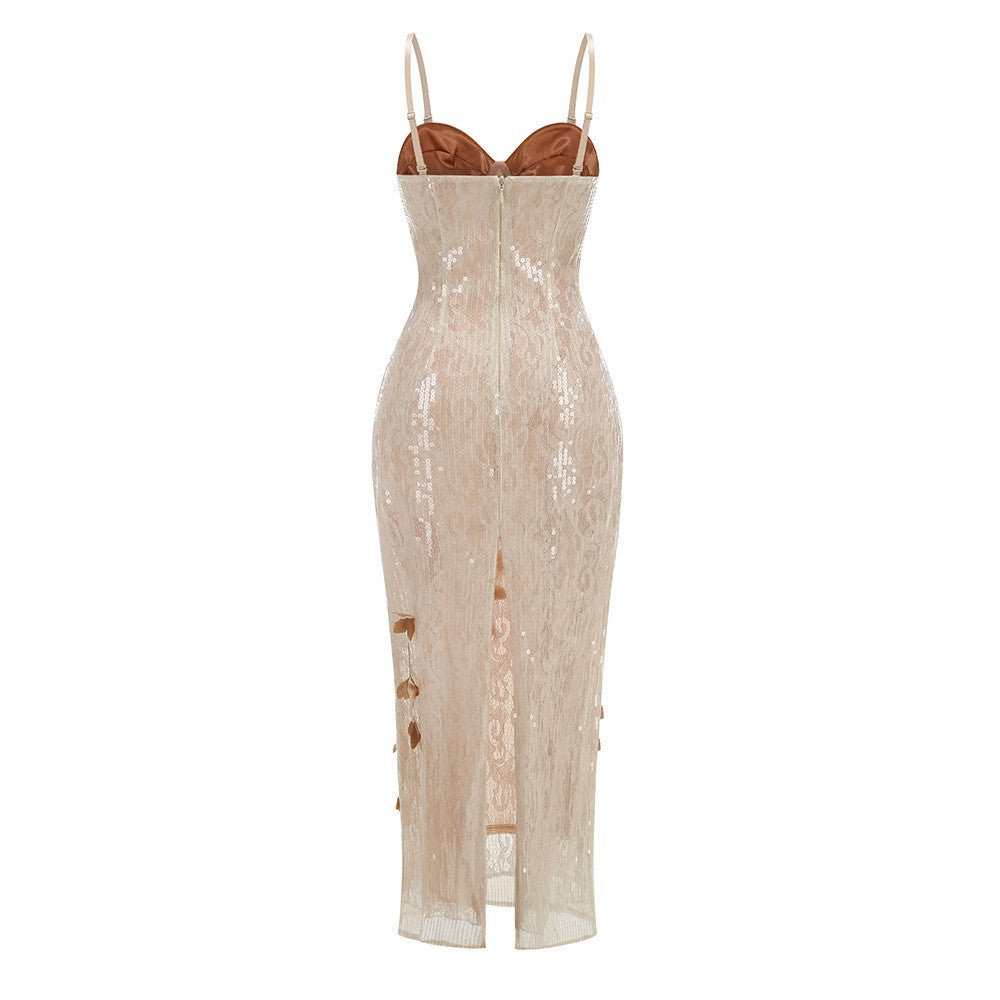 Spaghetti Strap Sleeveless 3D Floral Embroidery Mesh Gown D26014