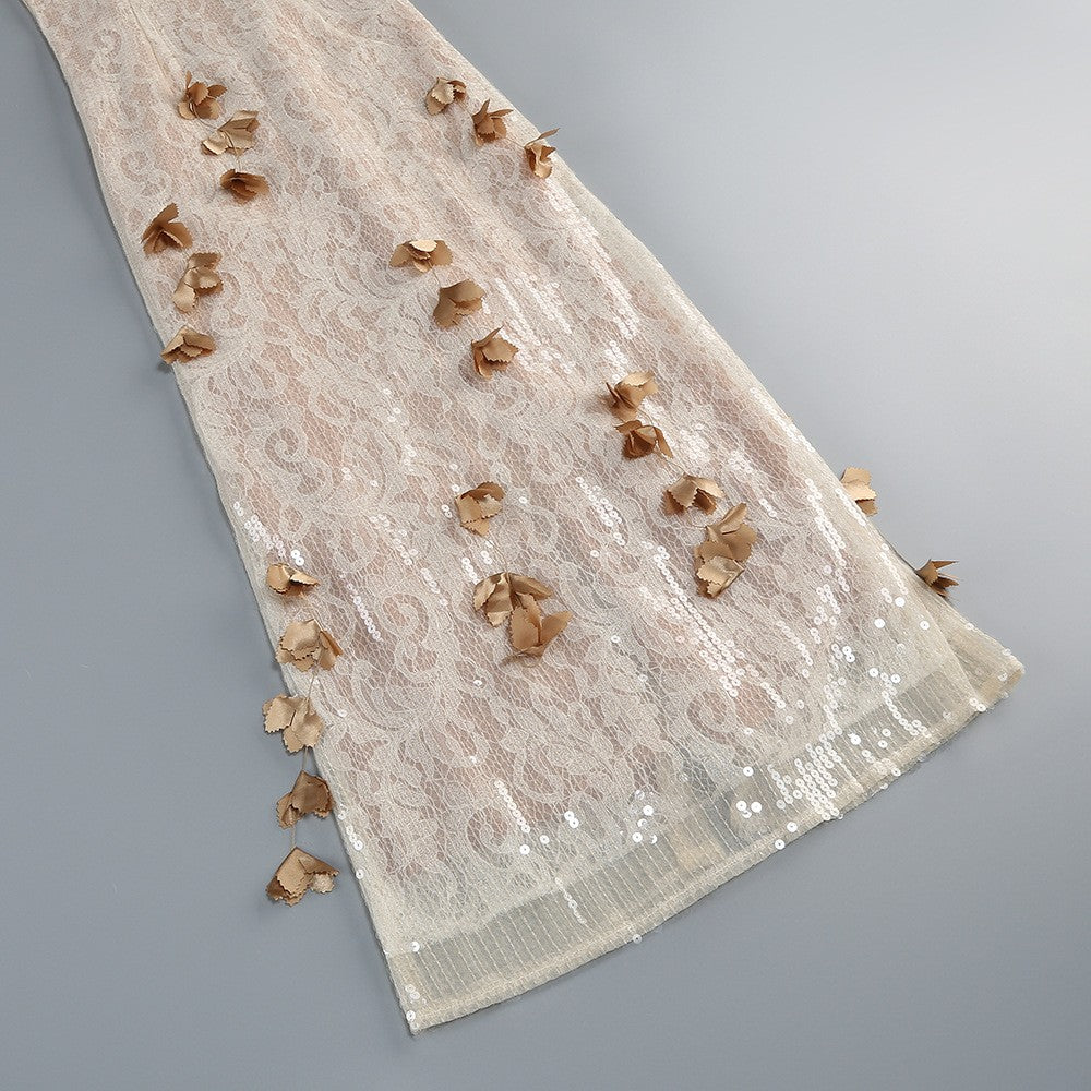 Spaghetti Strap Sleeveless 3D Floral Embroidery Mesh Gown D26014