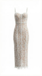 Spaghetti Strap Sleeveless Floral Lace Scalloped Midi Dress D26011