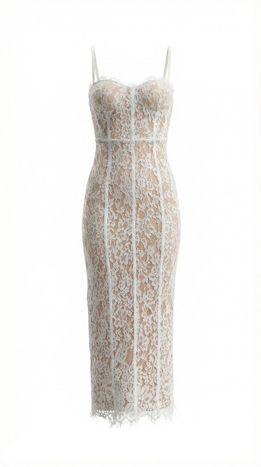 Spaghetti Strap Sleeveless Floral Lace Scalloped Midi Dress D26011