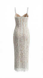 Spaghetti Strap Sleeveless Floral Lace Scalloped Midi Dress D26011