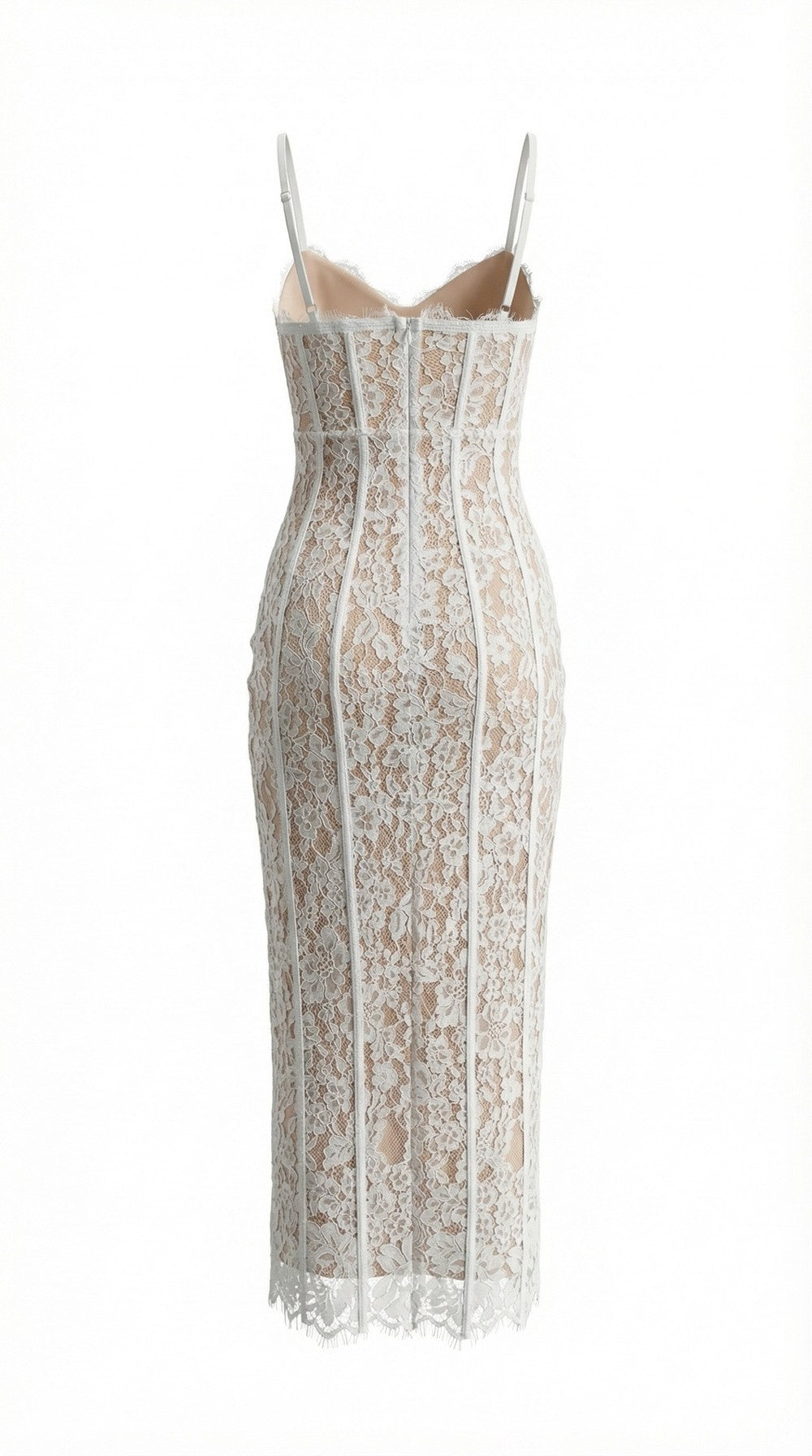 Spaghetti Strap Sleeveless Floral Lace Scalloped Midi Dress D26011