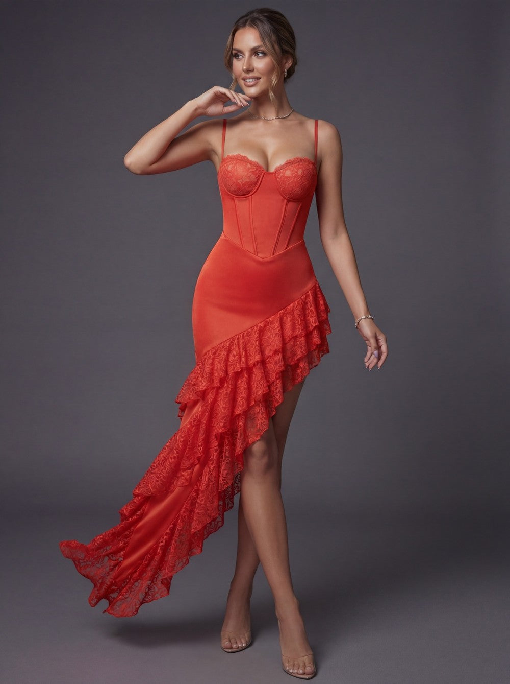 Spaghetti Strap Sleeveless Lace Corset Ruffle High-Low Gown D26022