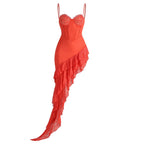 Spaghetti Strap Sleeveless Lace Corset Ruffle High-Low Gown D26022