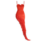 Spaghetti Strap Sleeveless Lace Corset Ruffle High-Low Gown D26022