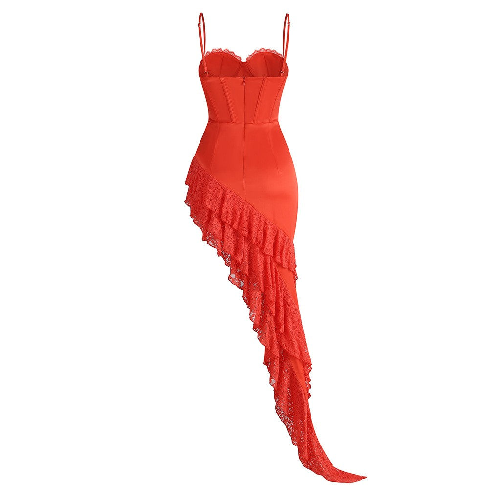 Spaghetti Strap Sleeveless Lace Corset Ruffle High-Low Gown D26022