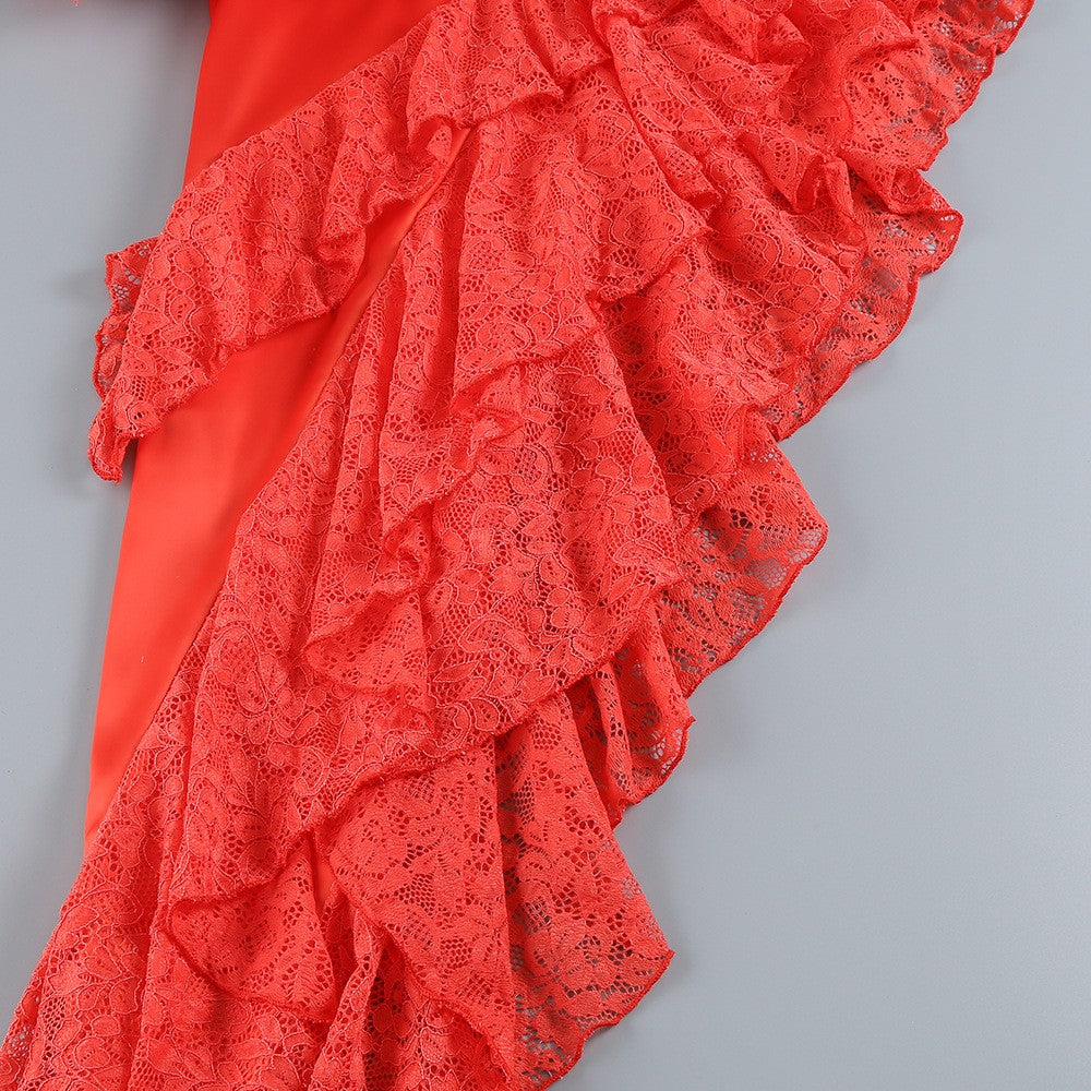 Spaghetti Strap Sleeveless Lace Corset Ruffle High-Low Gown D26022